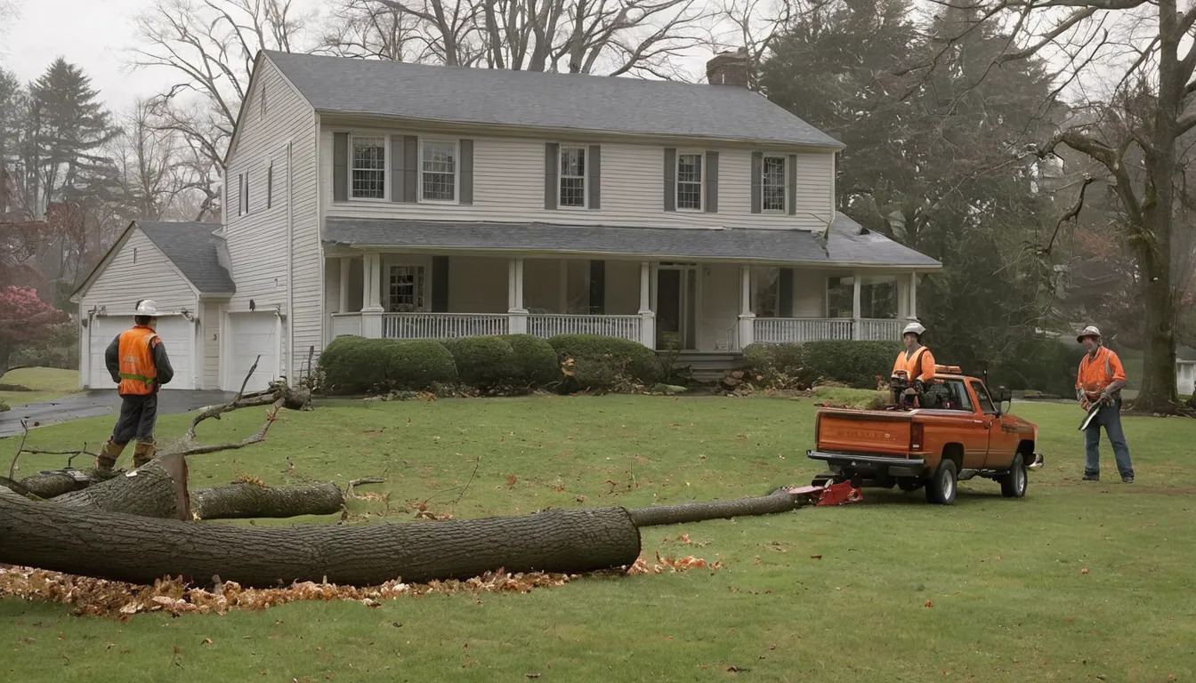 Friendly tree crew member talking with a homeowner beside a large fallen tree in a yard near Middletown